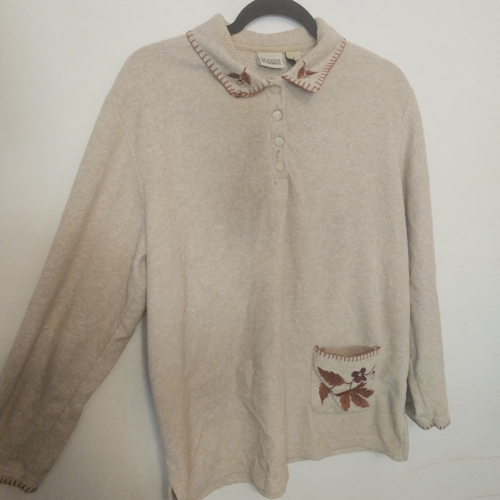 Classic Elements Mock Neck Sweater Fleece Leaves Print Brown Women's Size Large